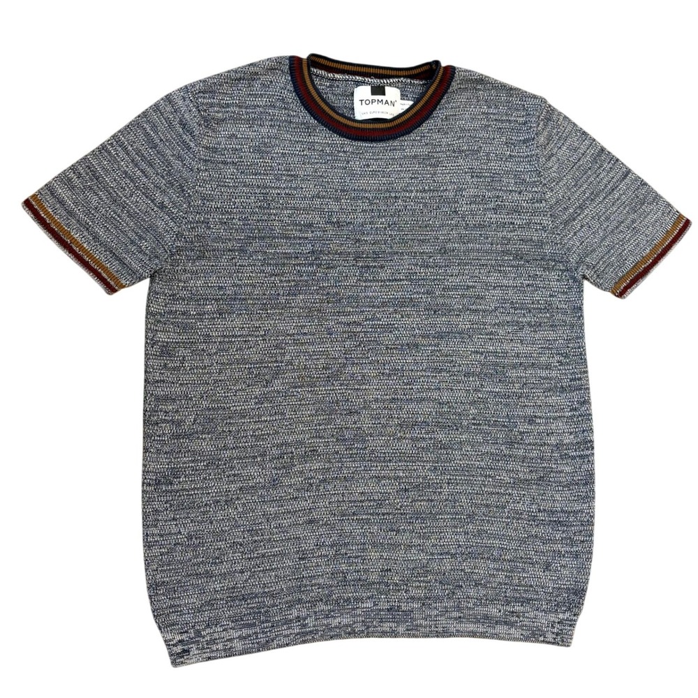 Topman Knit Sweater Mens Small Blue Marled Striped Ringer Short Sleeve Crewneck